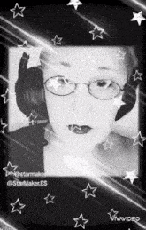 a woman wearing headphones and glasses is surrounded by stars