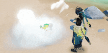 a person in a video game standing in front of a cloud