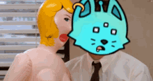 a man in a white shirt and tie with a blue cat on his face behind him
