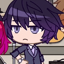 a cartoon character with purple hair and blue eyes