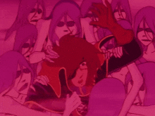 a cartoon drawing of a group of women with purple hair and red faces