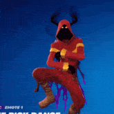 a video game character with horns and a hood dancing