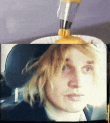 a close up of a man 's face with a yellow sauce pouring on it