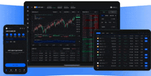 a computer monitor a phone and a tablet display a cryptocurrency exchange