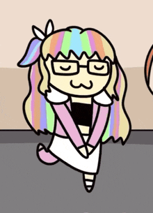 a cartoon girl with glasses and rainbow hair