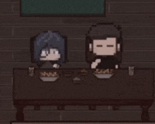 a man and a woman are sitting at a table in a video game .