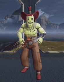 a cartoon character wearing a cowboy hat and brown pants