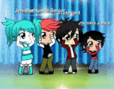 a group of cartoon characters including jennifer bunkle senior relevant and r bunkle junior are standing next to each other on a stage