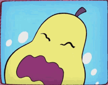 a cartoon drawing of a yellow pear with a purple nose