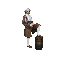 a man in a brown coat and white socks is standing on a wooden barrel