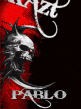 a poster for pablo shows a skull with horns on it