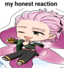 a cartoon character with pink hair and green eyes is sitting on a flower with the words my honest reaction below him