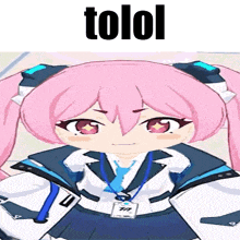 a cartoon girl with pink hair and a name tag that says tolol on it .