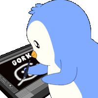 a blue penguin is drawing on a screen that says gork on it