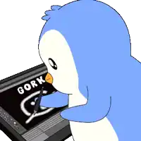 a blue penguin is drawing on a screen that says gork on it