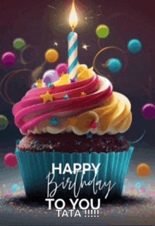 a birthday card with a cupcake with a lit candle