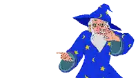 a cartoon of a wizard in a blue robe with stars