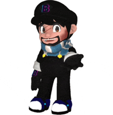 a cartoon character is wearing a black hat with the letter b on it