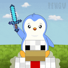 a penguin is holding a diamond sword while sitting on a chicken