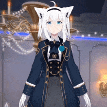 a girl with white hair and blue eyes is wearing a blue jacket
