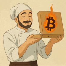 a man in a chef 's hat is holding a pizza box with a burning b on it