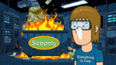 a cartoon of a man standing in front of a dumpster that says scopely on it