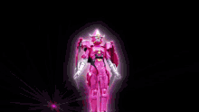 a pink robot is standing in front of a large yellow number 2