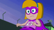 a cartoon girl wearing a purple cape with the letter g on her chest