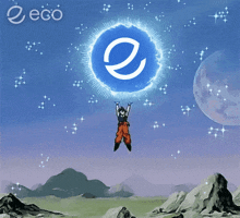 a cartoon character is flying through the air holding a blue circle with the letter e in it