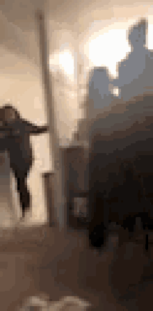 a blurry picture of a person standing in a room .