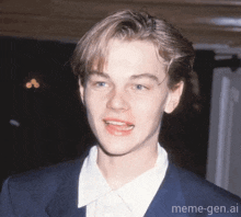leonardo dicaprio is wearing a suit and a white shirt and smiling .