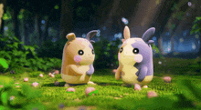 two stuffed animals standing next to each other in a field
