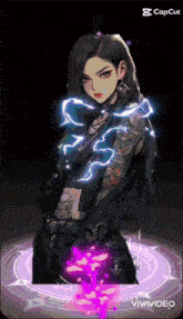 a girl with a tattoo on her arm is standing in a purple circle