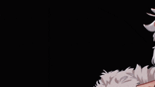 a drawing of a girl with white hair and horns on a black background
