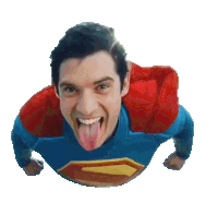 a man in a superman costume with his tongue out
