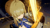 a girl with blonde hair is holding a sword in her right hand .