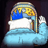 a cartoon of a polar bear wearing a blue crown standing in front of a jukebox that says luck on it