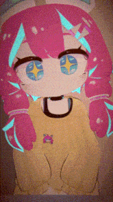 a drawing of a girl with pink hair wearing a yellow shirt