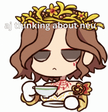 a cartoon drawing of a woman with a crown on her head holding a cup of tea