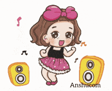 a cartoon girl with a pink bow on her head is dancing in front of two speakers