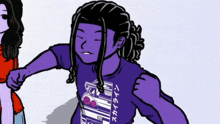 a cartoon drawing of a person wearing a purple shirt with japanese writing on it