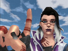 a woman with a tattoo on her face giving the middle finger