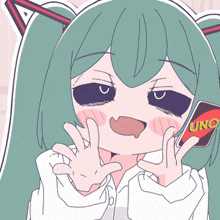 a girl with green hair is holding a card that says uno