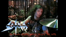 a man playing drums with the words " no rising storm could delete the fire "