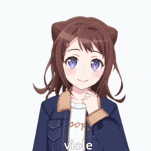 a girl with purple eyes is wearing a denim jacket and a white shirt that says pop viole