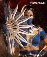 a woman in a blue costume is holding a fan and the words pixverse.ai are above her