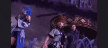 a group of video game characters are standing next to each other .