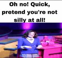 a woman in a blue jacket and skirt is dancing on a stage with purple lights behind her