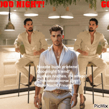 a man in a white shirt is standing in front of two men sitting on bar stools with the words good night written above him