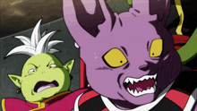 a cartoon of a purple cat and a green elf with a white hair